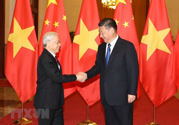 Lãnh đạo Đảng, Nhà nước Việt Nam gửi Điện mừng Quốc khánh Trung Quốc Tổng Bí thư, Chủ tịch nước Trung Quốc Tập Cận Bình đón Tổng Bí thư Nguyễn Phú Trọng tại Trung Quốc hồi năm 2017. Ảnh: Trí Dũng/TTXVN