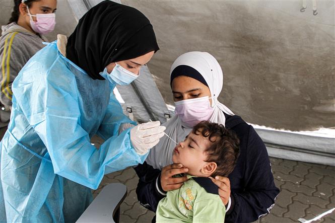 Thế giới 238 triệu ca bệnh, dịch bệnh tiếp đà hạ nhiệt ở các nước Âu - Mỹ Nhân viên y tế lấy mẫu xét nghiệm COVID-19 cho trẻ em tại một trại tị nạn ở Gaza, Palestine, ngày 7-10-2021. Ảnh: THX/TTXVN