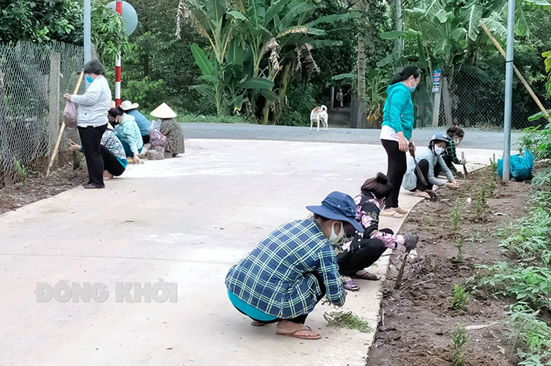 Người dân trồng hoa trên các tuyến đường ấp Phú Hội.
