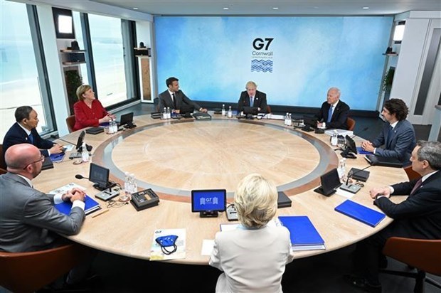 Lần đầu tiên một số nước ASEAN sẽ dự Hội nghị Bộ trưởng G7 tại Anh Các nhà lãnh đạo G7 tại Hội nghị thưởng đỉnh ở Carbis Bay, Cornwall, Anh, ngày 11-6-2021. Ảnh: AFP/TTXVN