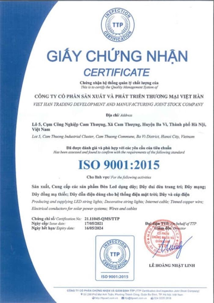Dây cáp Việt Hàn đạt tiêu chuẩn ISO 9001 : 2015 Giấy chứng nhận dây cáp Việt Hàn đạt tiêu chuẩn ISO 9001:2015
