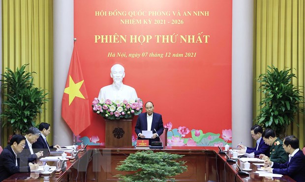 Phiên họp thứ nhất Hội đồng Quốc phòng và An ninh nhiệm kỳ 2021-2026 Chủ tịch nước Nguyễn Xuân Phúc phát biểu. Ảnh: Thống Nhất/TTXVN