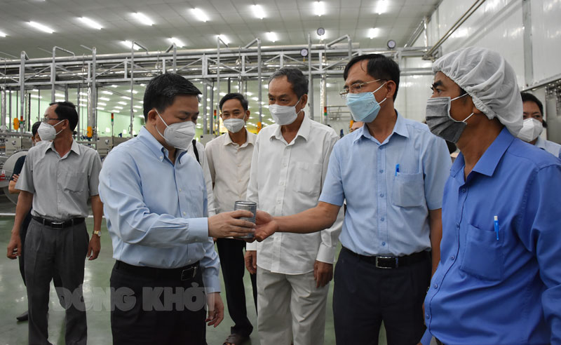 Bí thư Tỉnh ủy Lê Đức Thọ làm việc với Công ty TNHH Chế biến nông sản Thuận Phong Ủy viên Trung ương Đảng - Bí thư Tỉnh ủy xem qua sản phầm từ dừa tại công ty.