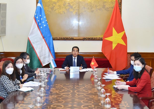 Thứ trưởng Ngoại giao Tô Anh Dũng đồng chủ trì Tham vấn chính trị cấp Thứ trưởng Ngoại giao Việt Nam-Uzbekistan. (Ảnh: TTXVN)