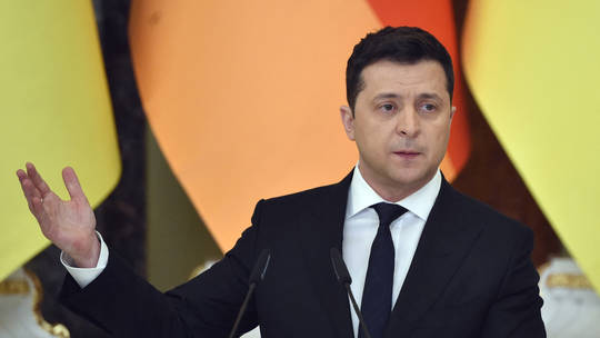 Tổng thống Ukraine Volodymyr Zelensky tại cuộc họp báo chung với Thủ tướng Đức ở Kiev ngày 14-2-2022. Ảnh: AFP