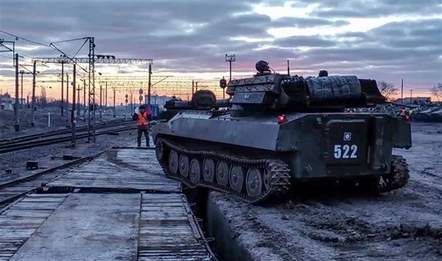 Ngoại trưởng các nước G7 ra tuyên bố chung về vấn đề Nga - Ukraine Xe tăng trở về Nga sau khi tham gia cuộc tập trận chung Nga-Belarus ở thao trường gần Brest, Belarus, ngày 15-2-2022. Ảnh: AFP/TTXVN