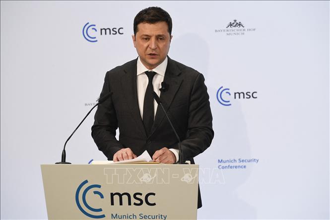 Tổng thống Ukraine Volodymyr Zelensky phát biểu tại Hội nghị An ninh Munich (MSC) ở Đức, ngày 19-2-2022. Ảnh: AFP/TTXVN