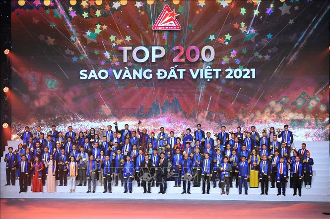 Tôn vinh 200 thương hiệu Việt Nam tiêu biểu Phó chủ tịch Hội LHTN Việt Nam, Chủ tịch Hội Doanh nhân trẻ Việt Nam Đặng Hồng Anh và Bộ trưởng Nông nghiệp và Phát triển Nông thôn Lê Minh Hoan trao Top 200 Sao Vàng đất Việt cho các doanh nghiệp. Ảnh: Minh Đức/TTXVN