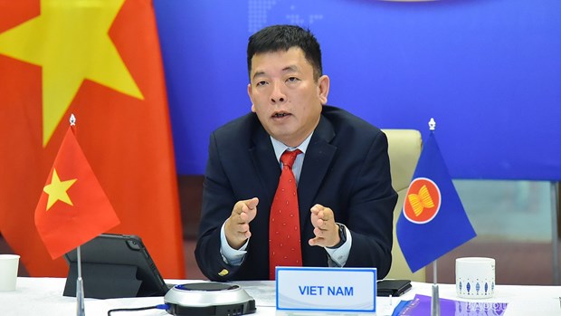 Đại sứ Vũ Hồ, Quyền Trưởng SOM ASEAN Việt Nam phát biểu tại Đối thoại ASEAN-New Zealand lần thứ 29 theo hình thức trực tuyến. (Nguồn: Baoquocte)