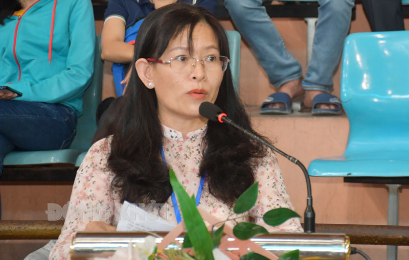 Khai mạc Đại hội thể dục thể thao công nhân viên chức lao động lần thứ IX năm 2022 Phó chủ tịch Liên đoàn Lao động tỉnh Nguyễn Thị Kim Dung phát biểu tại đại hội.