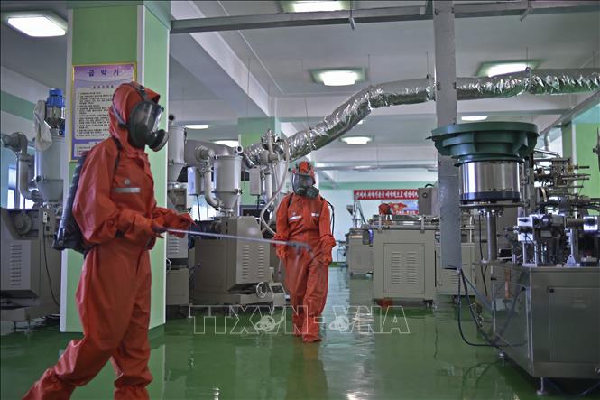 Nhân viên y tế phun thuốc khử trùng nhằm ngăn chặn sự lây lan của dịch bệnh tại một nhà máy ở Bình Nhưỡng, ngày 16-6-2022. Ảnh: AFP/TTXVN