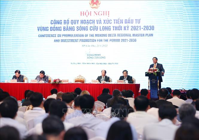 Thủ tướng Phạm Minh Chính phát biểu kết luận Hội nghị công bố quy hoạch và xúc tiến đầu tư vùng Đồng bằng sông Cửu Long. Ảnh: Dương Giang/TTXVN