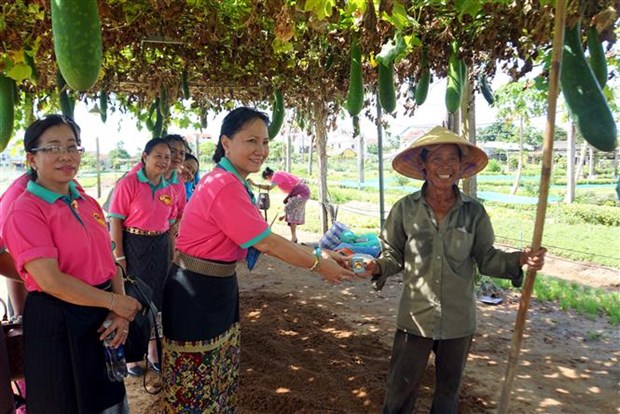 Đại biểu Hội Liên hiệp Phụ nữ Lào tặng biểu tượng hoa Champa cho một người dân làng trồng rau truyền thống Trà Quế, thành phố Hội An (Quảng Nam). (Ảnh: Trịnh Bang Nhiệm/TTXVN)