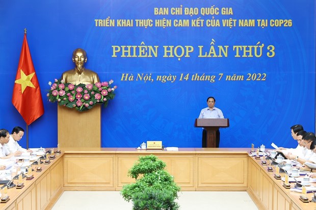 Thủ tướng Phạm Minh Chính chủ trì Phiên họp lần thứ 3 Ban Chỉ đạo Quốc gia triển khai thực hiện cam kết của Việt Nam tại COP26. Ảnh: Dương Giang/TTXVN