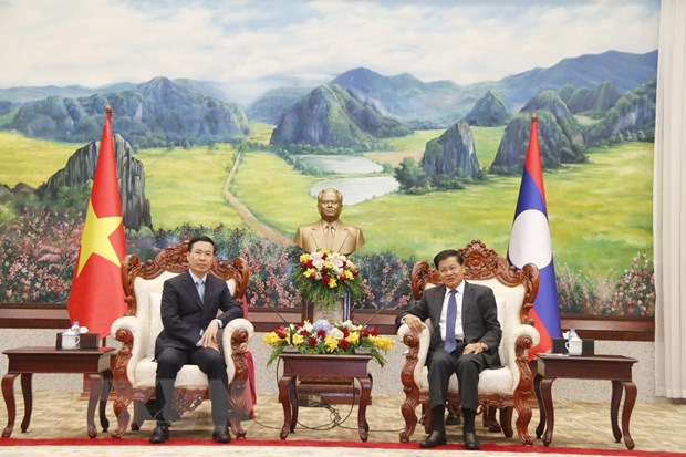 Thường trực Ban Bí thư Võ Văn Thưởng thăm và làm việc tại Lào Tổng Bí thư, Chủ tịch nước Lào Thongloun Sisoulith tiếp ông Võ Văn Thưởng, Ủy viên Bộ Chính trị, Thường trực Ban Bí thư. (Ảnh: Phạm Kiên/TTXVN)