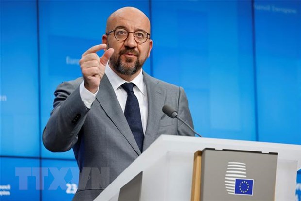 Chủ tịch Hội đồng châu Âu Charles Michel tại cuộc họp báo ở Brussels, Bỉ. Ảnh: AFP/TTXVN