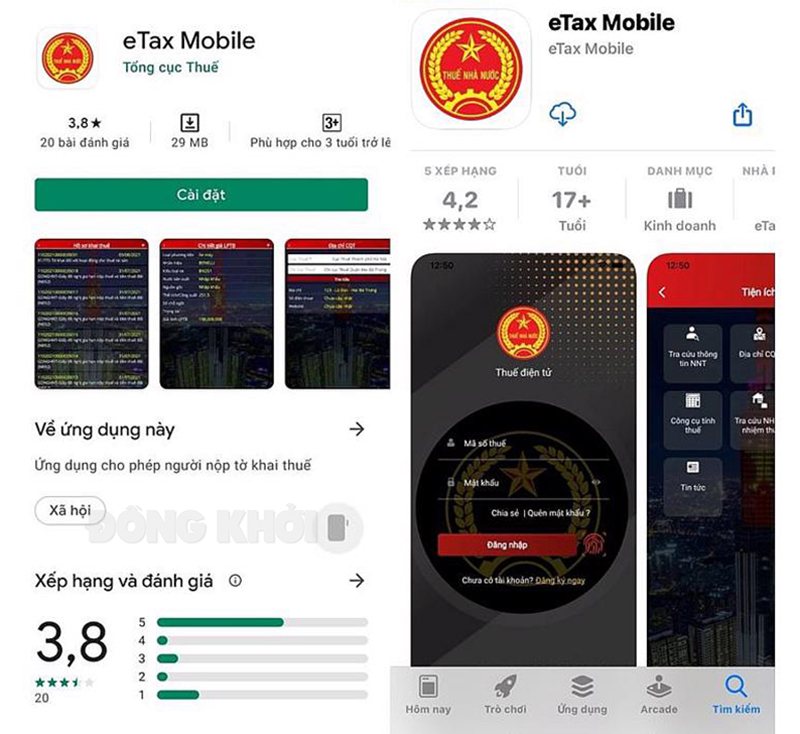 Ứng dụng eTax Mobile V1.0 trên App store và CH play.