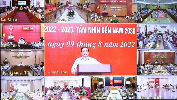 Thủ tướng Phạm Minh Chính phát biểu khai mạc hội nghị trực tuyến tại điểm cầu Chính phủ. Ảnh: Dương Giang/TTXVN