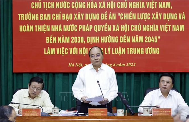 Đồng thuận, thống nhất cao trong xây dựng Đề án về Nhà nước pháp quyền Chủ tịch nước Nguyễn Xuân Phúc phát biểu kết luận. Ảnh: Thống Nhất/TTXVN