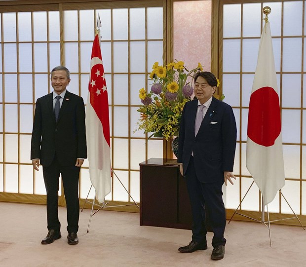 Ngoại trưởng Nhật Bản Yoshimasa Hayashi và người đồng cấp Singapore Vivian Balakrishnan. Nguồn: Kyodo