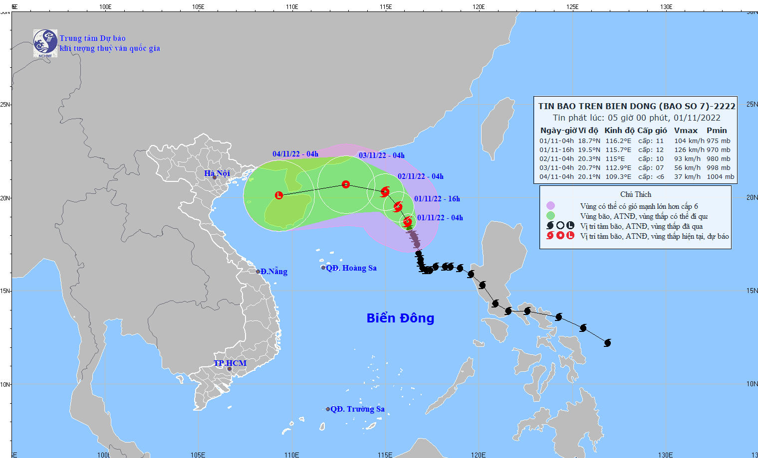 Sơ đồ vị trí và hướng đi cơn bão.