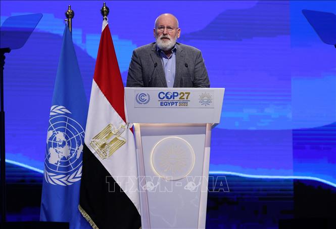 Ủy viên phụ trách chính sách khí hậu của EU Frans Timmermans phát biểu tại hội nghị COP27 ở thành phố Sharm El-Sheikh, Ai Cập, ngày 15-11-2022. Ảnh: AFP/TTXVN