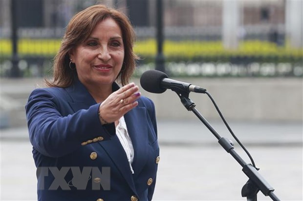 Tân Tổng thống Peru Dina Boluarte phát biểu với báo giới tại thủ đô Lima ngày 8-12-2022. Ảnh: AFP/TTXVN