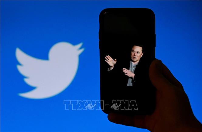 Tỷ phú Elon Musk trên màn hình điện thoại và biểu tượng Twitter (phía sau). Ảnh: AFP/TTXVN