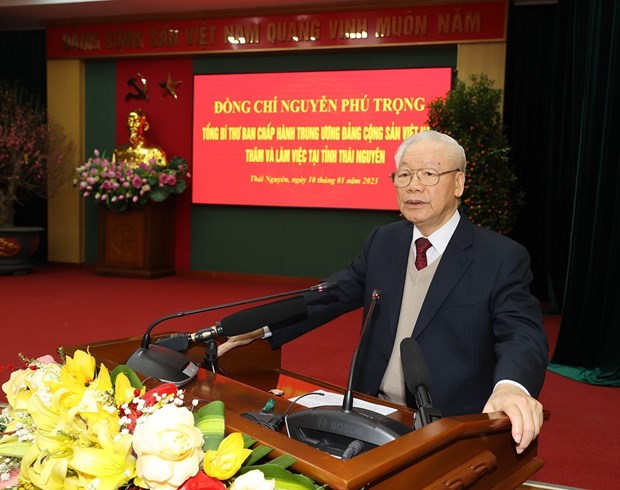 Tổng Bí thư Nguyễn Phú Trọng phát biểu tại buổi làm việc với Ban Thường vụ và lãnh đạo tỉnh Thái Nguyên. Ảnh: Trí Dũng/TTXVN