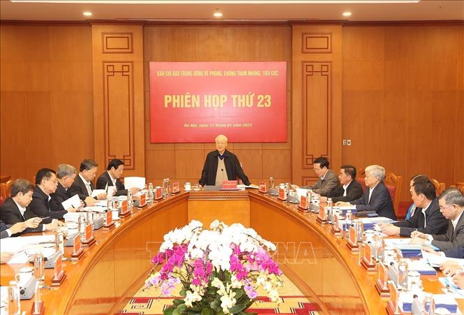 Phiên họp thứ 23 của Ban Chỉ đạo Trung ương về phòng, chống tham nhũng, tiêu cực Tổng Bí thư Nguyễn Phú Trọng phát biểu chỉ đạo cuộc họp. Ảnh: Trí Dũng/TTXVN