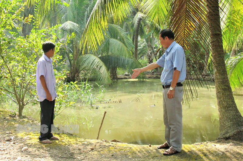 Mô hình trữ nước ngọt phục vụ chăn nuôi và trồng trọt của gia đình ông Đào Văn Xích.