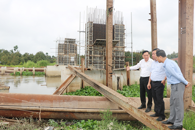 Chủ tịch UBND tỉnh Trần Ngọc Tam (bìa trái) khảo sát công trình cống Bến Rớ tại xã Tân Phú, huyện Châu Thành.