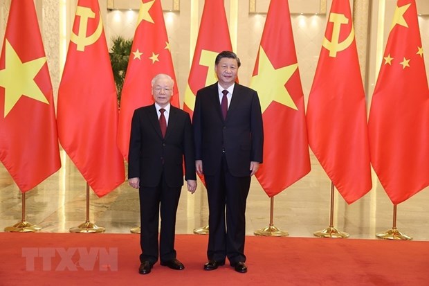 Kỷ niệm 73 năm thiết lập quan hệ ngoại giao Việt Nam - Trung Quốc Tổng Bí thư - Chủ tịch nước Trung Quốc Tập Cận Bình chủ trì Lễ đón Tổng Bí thư Nguyễn Phú Trọng cùng Đoàn đại biểu cấp cao Việt Nam sang thăm chính thức Cộng hòa Nhân dân Trung Hoa tại Đại Lễ đường Nhân dân ở thủ đô Bắc Kinh vào ngày 31-10-2022 . Ảnh: Trí Dũng/TTXVN