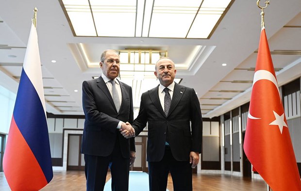 Ngoại trưởng Nga Sergei Lavrov và người đồng cấp nước chủ nhà Mevlut Cavusoglu. Ảnh: TASS
