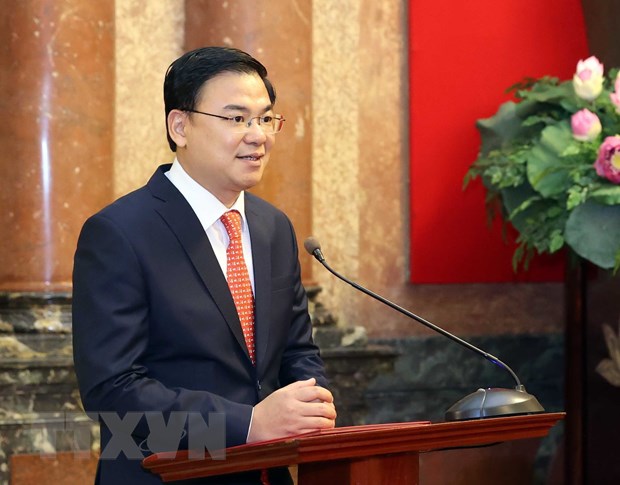 Chủ tịch nước trao quyết định bổ nhiệm Đại sứ Việt Nam tại Nhật Bản Đại sứ Phạm Quang Hiệu phát biểu nhậm chức. (Ảnh: Thống Nhất/TTXVN)
