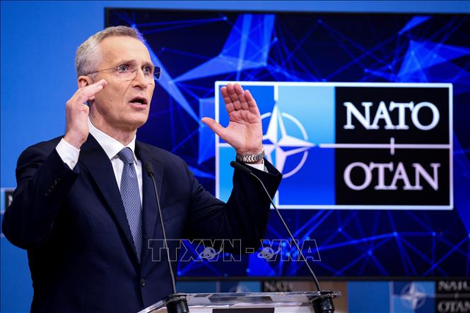 Tổng thư ký NATO Jens Stoltenberg phát biểu tại cuộc họp báo ở Brussels, Bỉ, ngày 3-4-2023. Ảnh: AFP/TTXVN