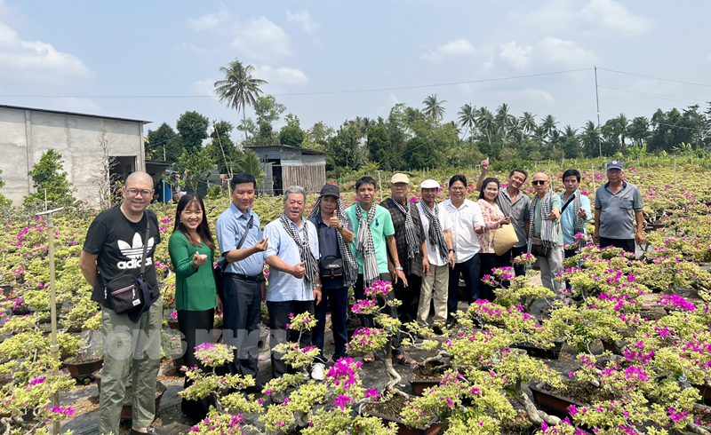 Đoàn khách tham quan Làng hoa kiểng Chợ Lách. Ảnh: H. Trung