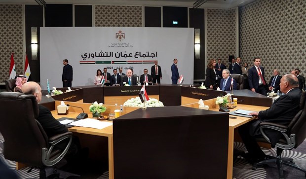 Bộ trưởng các nước Arab thảo luận về bình thường hóa quan hệ với Syria Ngoại trưởng từ Syria, Ai Cập, Iraq, Saudi Arabia và Jordan tiến hành hội đàm tại Amman, Jordan ngày 1-5-2023. (Ảnh: Reuters)