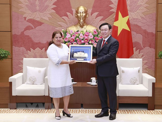 Chủ tịch Quốc hội tiếp Tổng Thư ký Hội Liên hiệp Phụ nữ Cuba Chủ tịch Quốc hội Vương Đình Huệ tặng quà lưu niệm cho Tổng Thư ký Hội Liên hiệp Phụ nữ Cuba Teresa Amarelle Boúe. (Ảnh: Doãn Tấn/TTXVN)