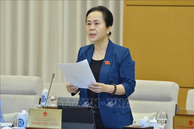 Ủy ban Thường vụ Quốc hội cho ý kiến về giảm thuế giá trị gia tăng Phó chủ nhiệm Ủy ban Tài chính, Ngân sách của Quốc hội khóa XV Nguyễn Vân Chi trình bày báo cáo thẩm tra. Ảnh: Minh Đức/TTXVN