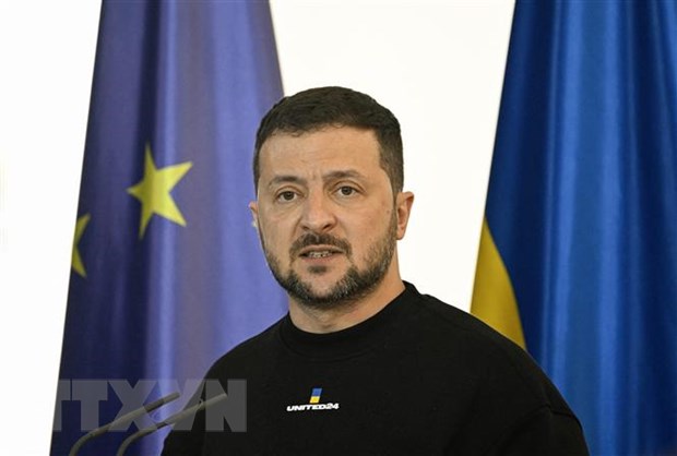 Tổng thống Ukraine Volodymyr Zelensky trong cuộc họp báo ở Berlin, Đức ngày 14-5-2023. (Ảnh: AFP/TTXVN)