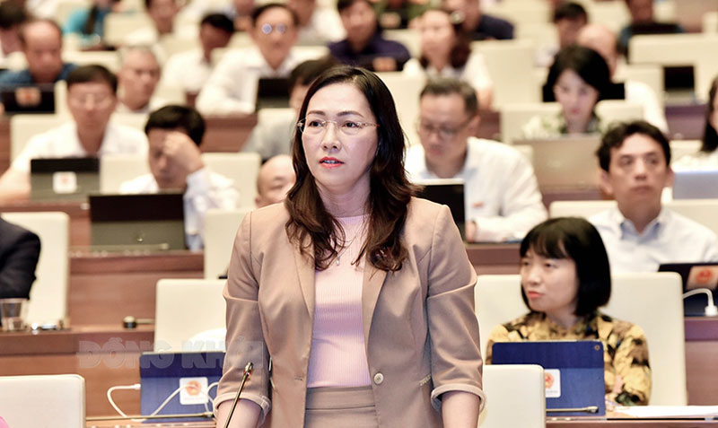 Thảo luận về việc huy động, quản lý và sử dụng các nguồn lực phục vụ công tác phòng, chống dịch Covid-19 Đại biểu Nguyễn Thị Yến Nhi - Phó Trưởng đoàn chuyên trách tỉnh Bến Tre phát biểu thảo luận tại hội trường.