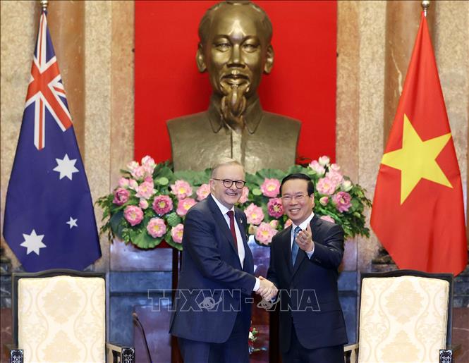 Chủ tịch nước Võ Văn Thưởng và Thủ tướng Australia Anthony Albanese. Ảnh: Thống Nhất/TTXVN