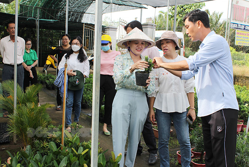 Khảo sát mô hình hợp tác xã gắn với phát triển du lịch cộng đồng tại Chợ Lách Đoàn khảo sát thực tế tại hộ anh Nguyễn Văn Phúc (ấp Vĩnh Nam, xã Vĩnh Thành).