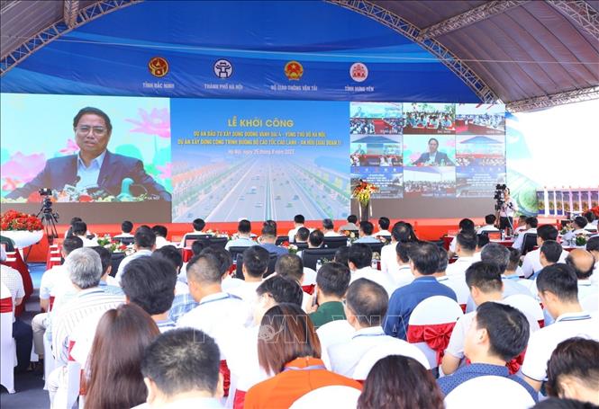 Thủ tướng phát lệnh khởi công đường Vành đai 4 - Vùng Thủ đô và cao tốc Cao Lãnh - An Hữu Toàn cảnh lễ khởi công tại vị trí giao cắt giữa tuyến đường Vành đai 4 với đường gom Đại lộ Thăng Long địa phận xã Song Phương, huyện Hoài Đức, thành phố Hà Nội. Ảnh: Văn Điệp/TTXVN