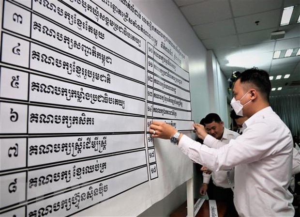 Thượng viện Campuchia thông qua toàn văn dự thảo Luật Bầu cử sửa đổi Nhân viên NEC niêm yết kết quả xếp thứ tự 18 chính đảng tham gia tổng tuyển cử năm 2023. Ảnh: Huỳnh Thảo/TTXVN