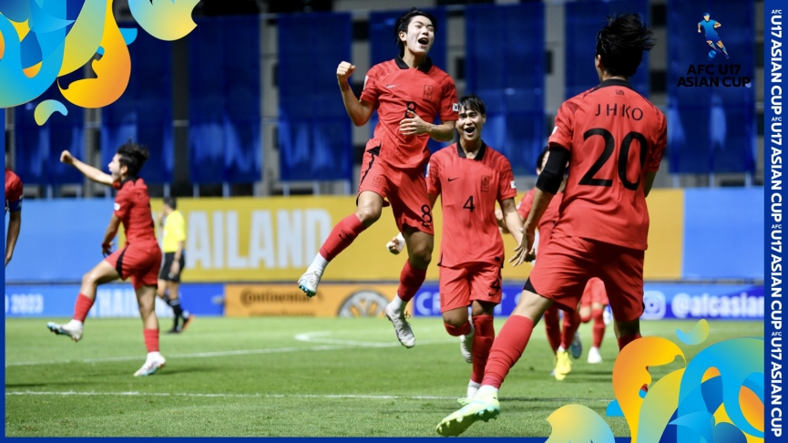 In Woo (số 8) ghi bàn thắng quyết định giúp U17 Hàn Quốc vào chung kết (Ảnh: AFC)