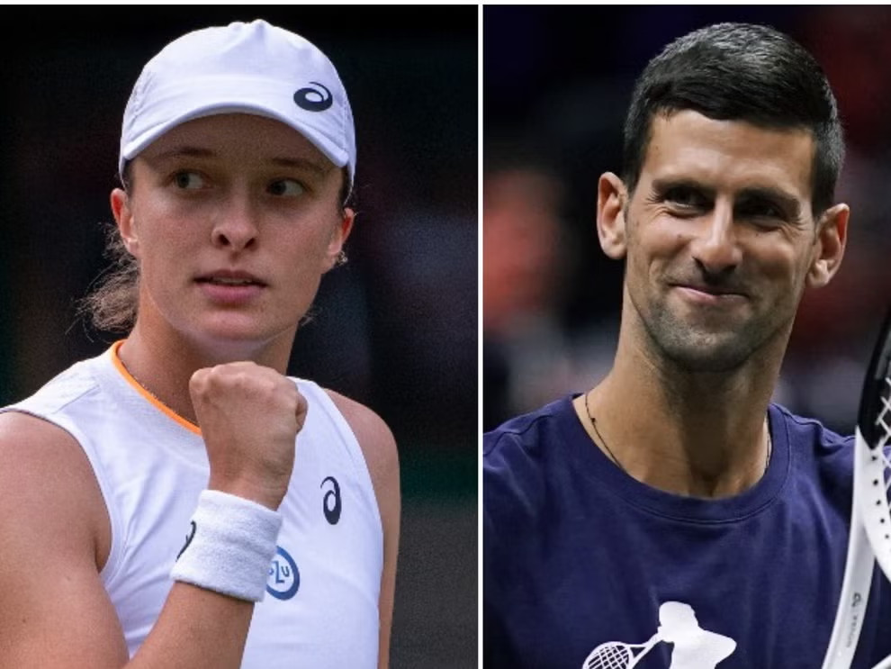 Iga Swiatek (trái) và Novak Djokovic (phải) là hai tay vợt giành vé đầu tiên vào vòng 3 Wimbledon 2023