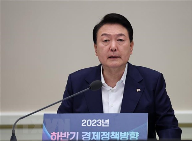 Tổng thống Hàn Quốc Yoon Suk Yeol phát biểu tại cuộc họp ở Seoul ngày 4-7-2023. (Ảnh: Yonhap/TTXVN)