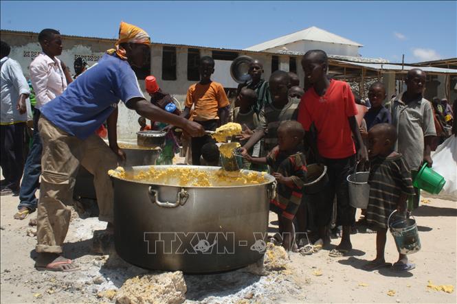 Trẻ em nhận bữa ăn từ thiện tại Howlwadag, phía nam thủ đô Mogadishu, Somalia. Ảnh: AFP/TTXVN